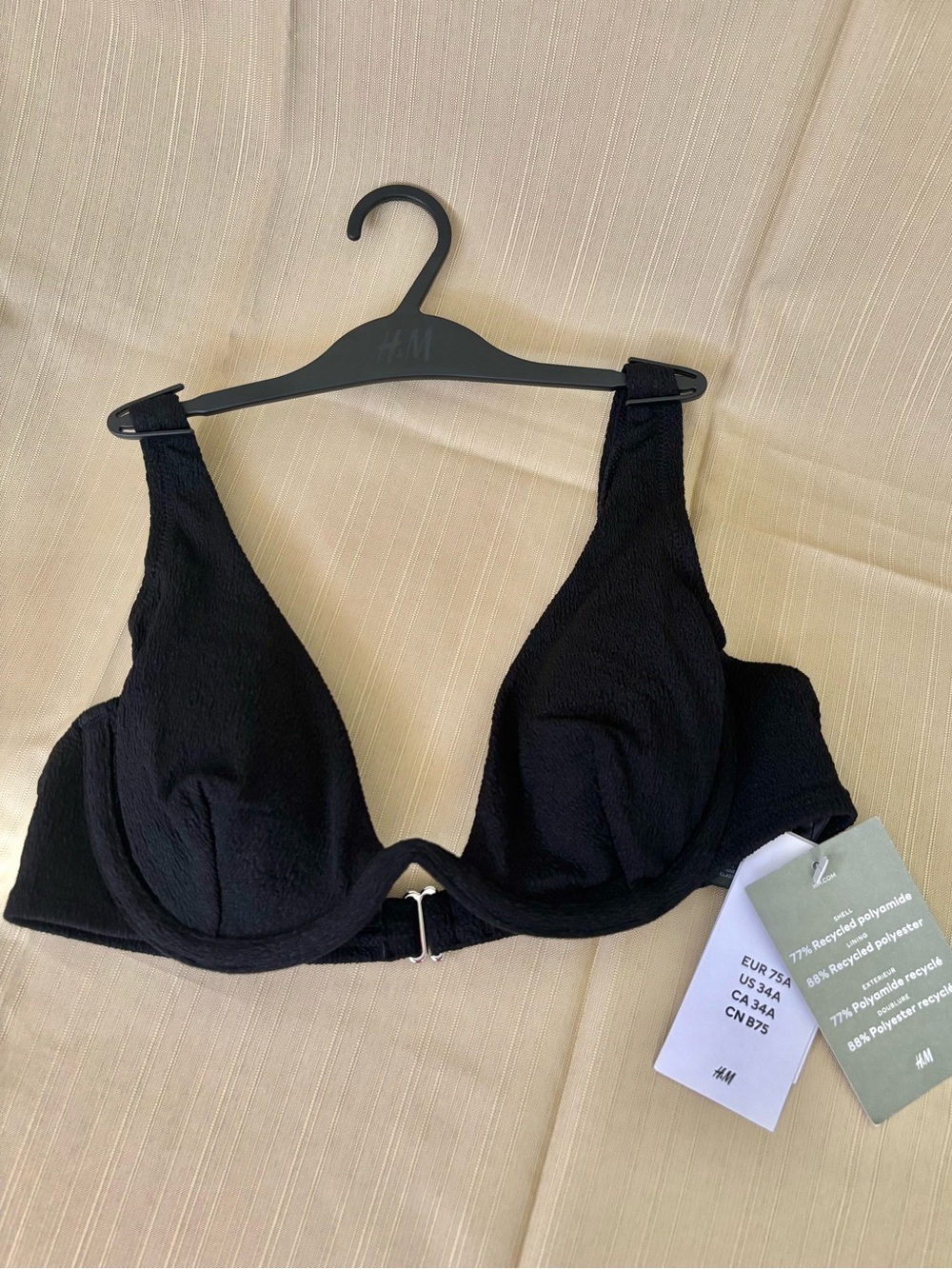 H&M Black Textured Front-Clasp Bikini Top